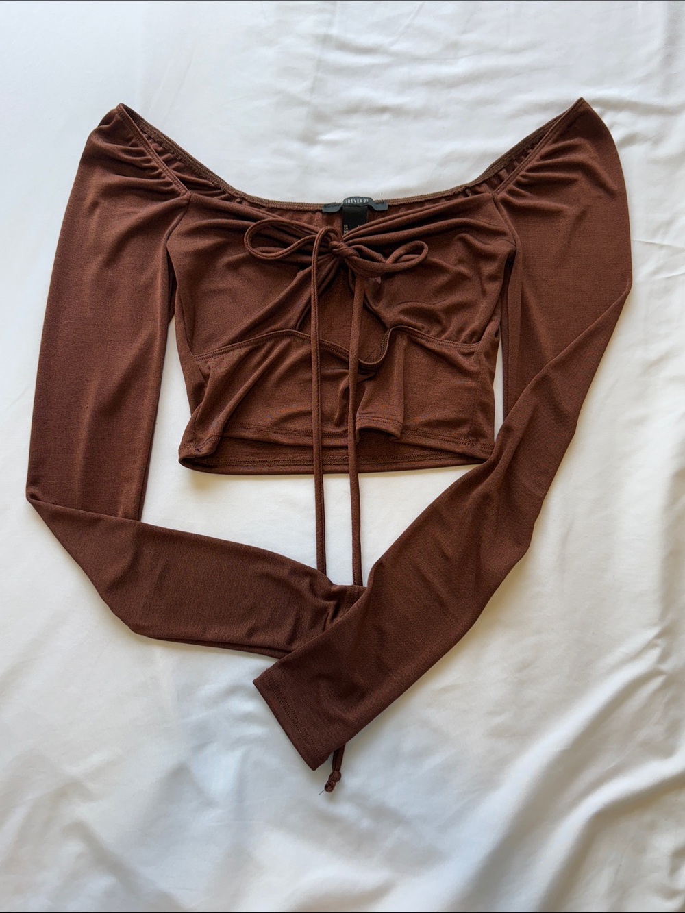 Forever 21 Brown Off-Shoulder Tie-Front Crop Top